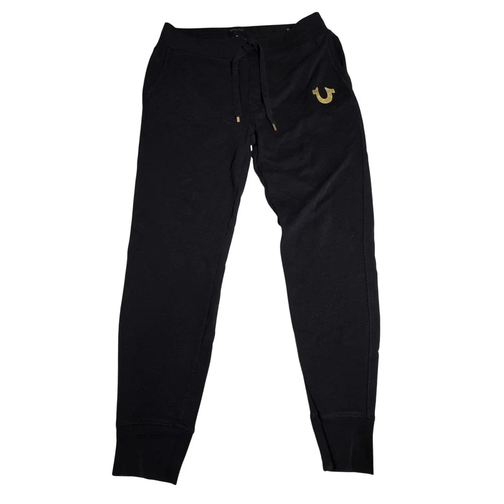 True Religion Mens‎ Black Jogger Sweatpants Yellow Horseshoe Logo Size Medium